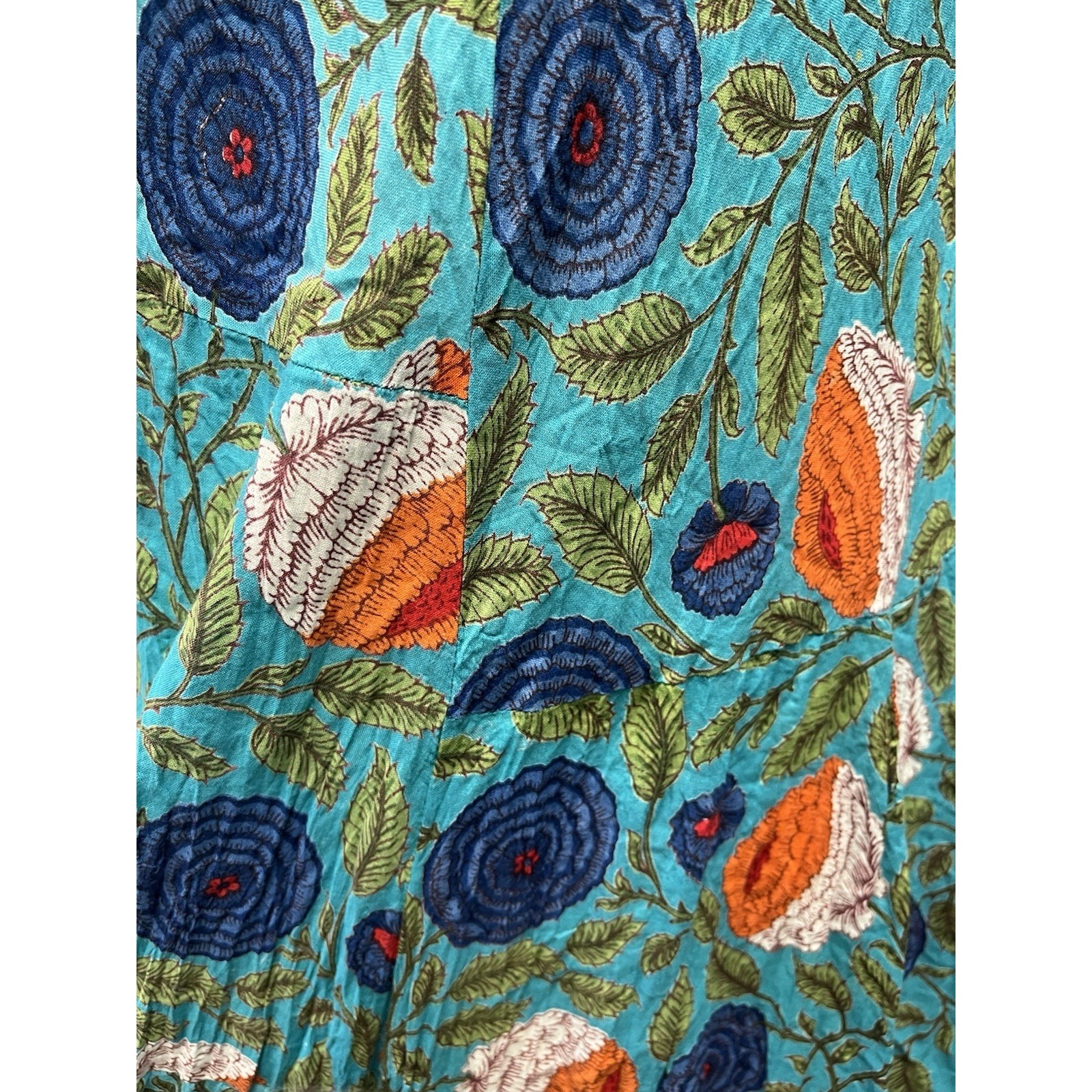 Passementrie Santa Fe Boho Maxi Dress Block Print Cotton Flare Sleeve Turquoise — image 8 of 8